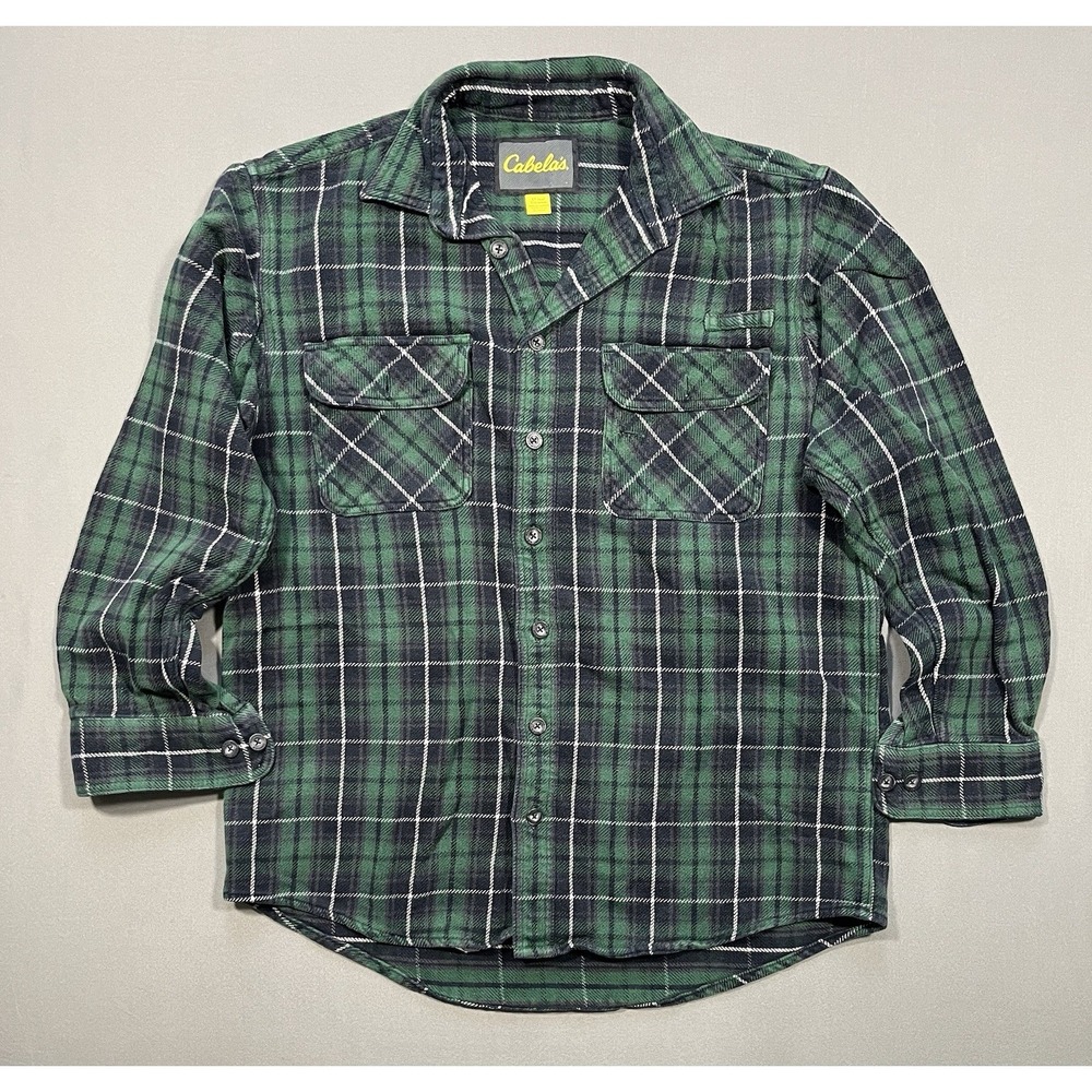 Cabela's green and black plaid pattern flannel with two chest flap pockets